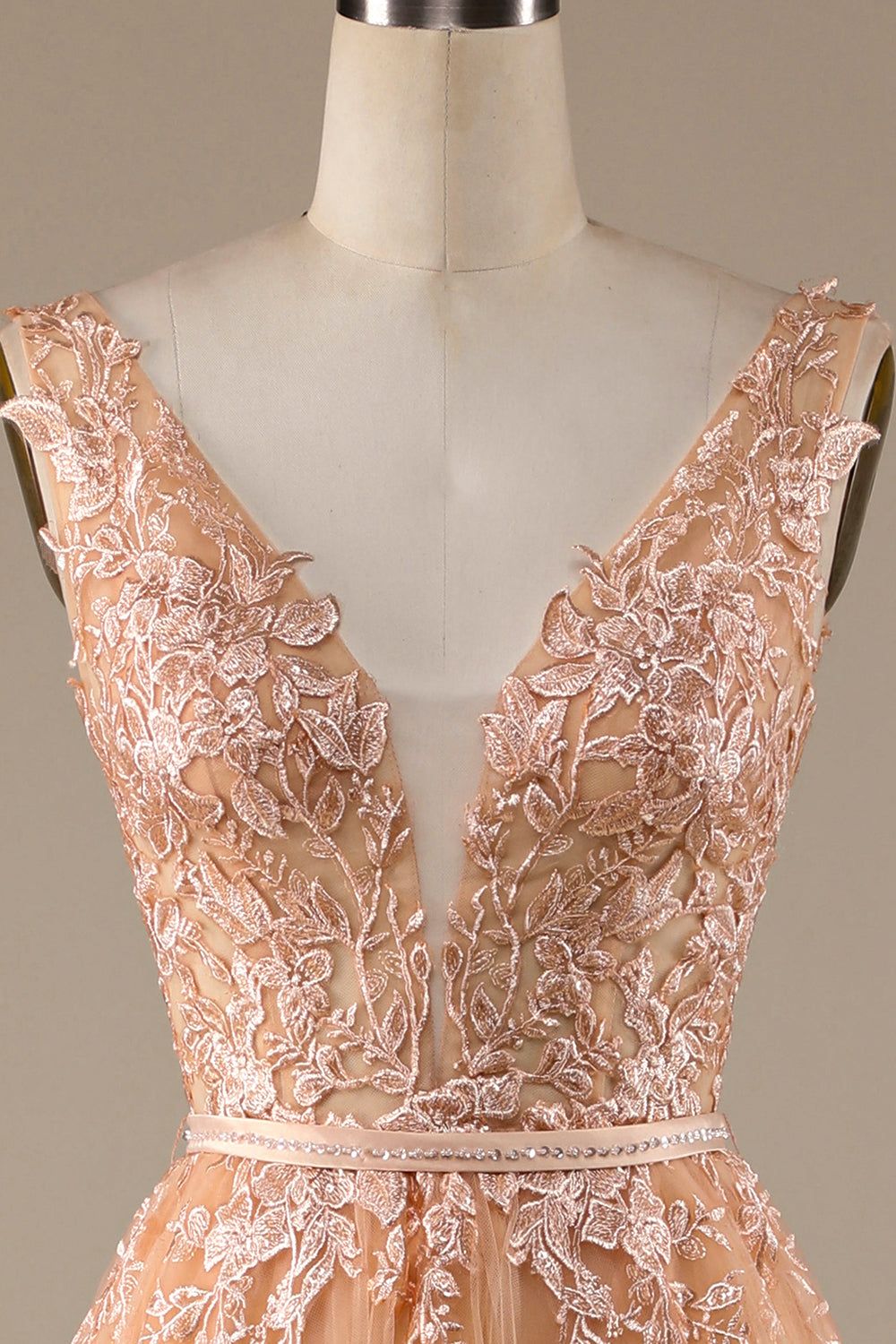 Champagne V-Neck Tulle Wedding Dress with Lace sold by Zapaka product image thumbnail 4