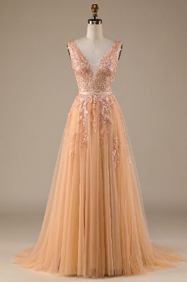 Champagne V-Neck Tulle Wedding Dress with Lace sold by Zapaka