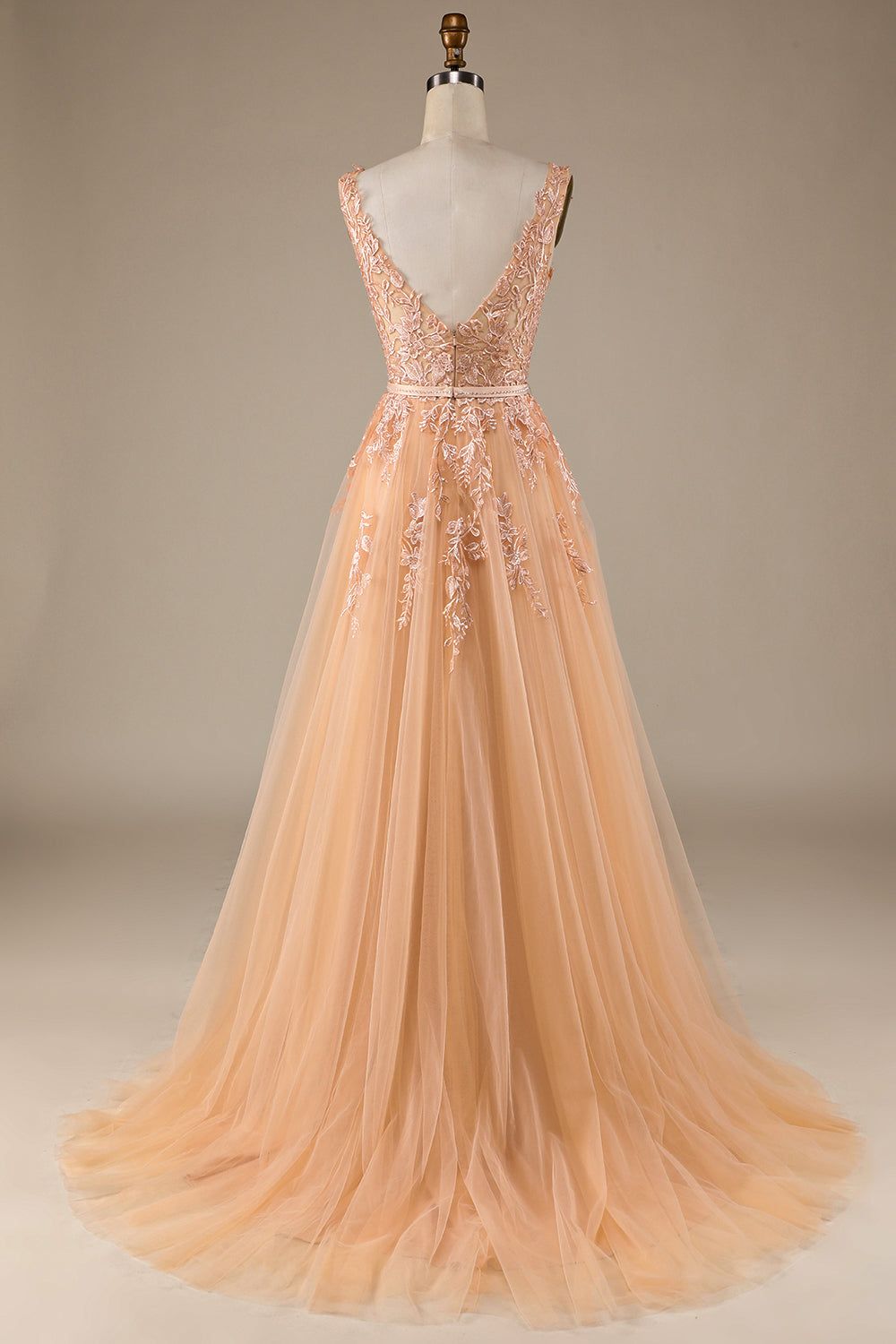 Champagne V-Neck Tulle Wedding Dress with Lace sold by Zapaka product image thumbnail 2