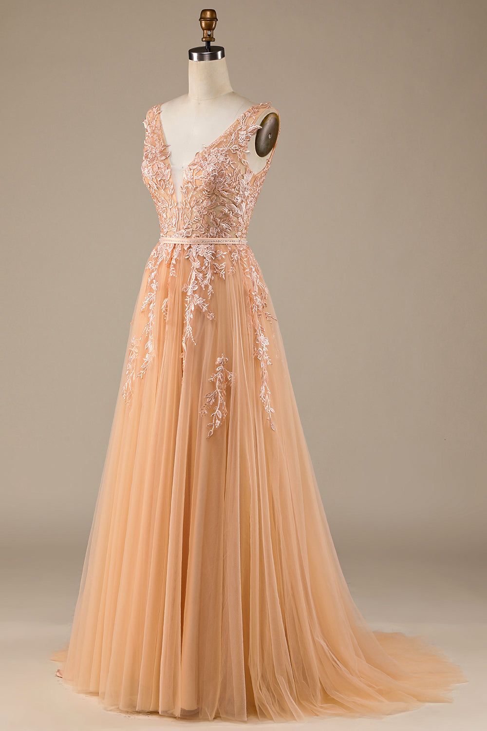 Champagne V-Neck Tulle Wedding Dress with Lace sold by Zapaka product image thumbnail 3