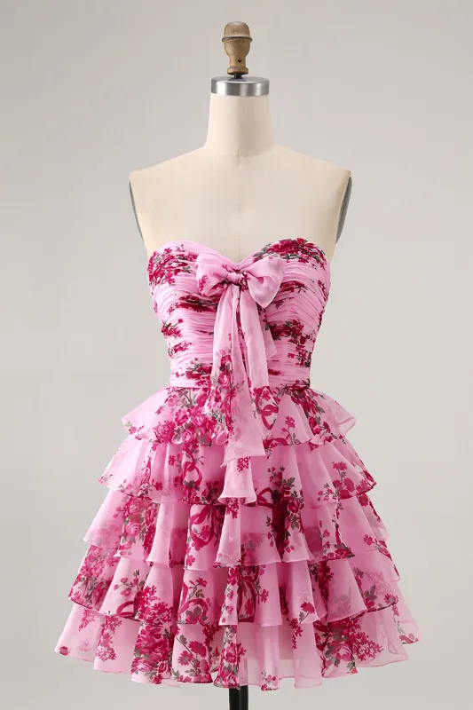 Pink Flower A-line Strapless Tiered Short Homecoming Dress with Front Bow sold by Zapaka