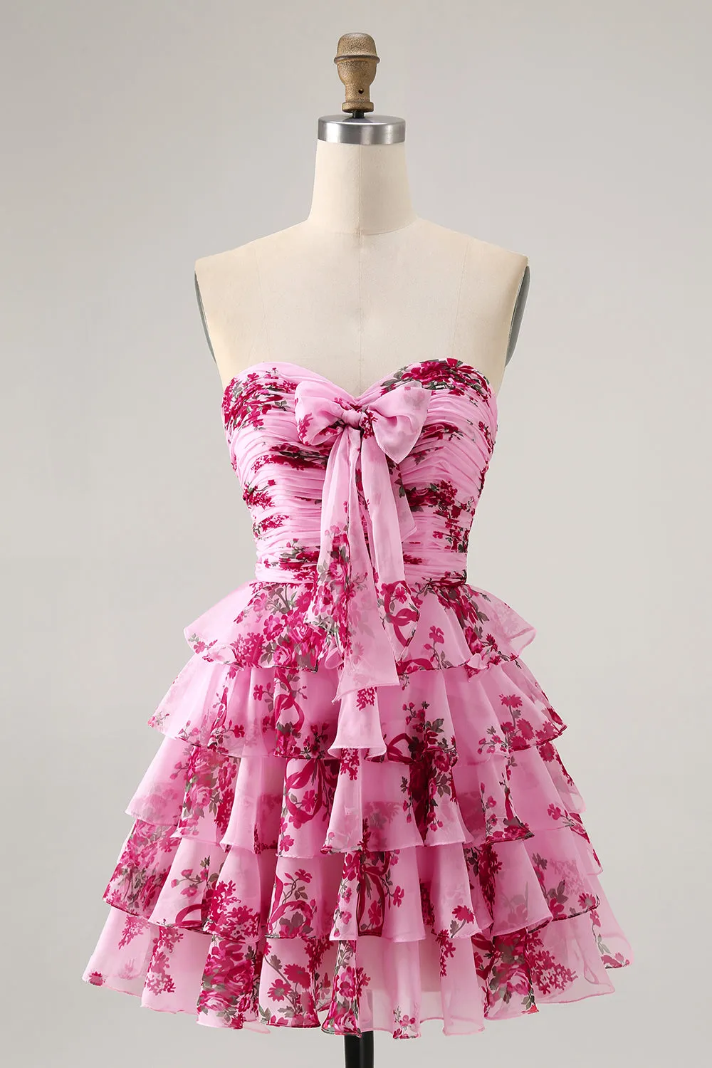 Pink Flower A-line Strapless Tiered Short Homecoming Dress with Front Bow sold by Zapaka