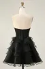 Black Strapless Corset Tiered A Line Short Homecoming Dress with Beading sold by Zapaka