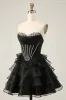 Black Strapless Corset Tiered A Line Short Homecoming Dress with Beading sold by Zapaka