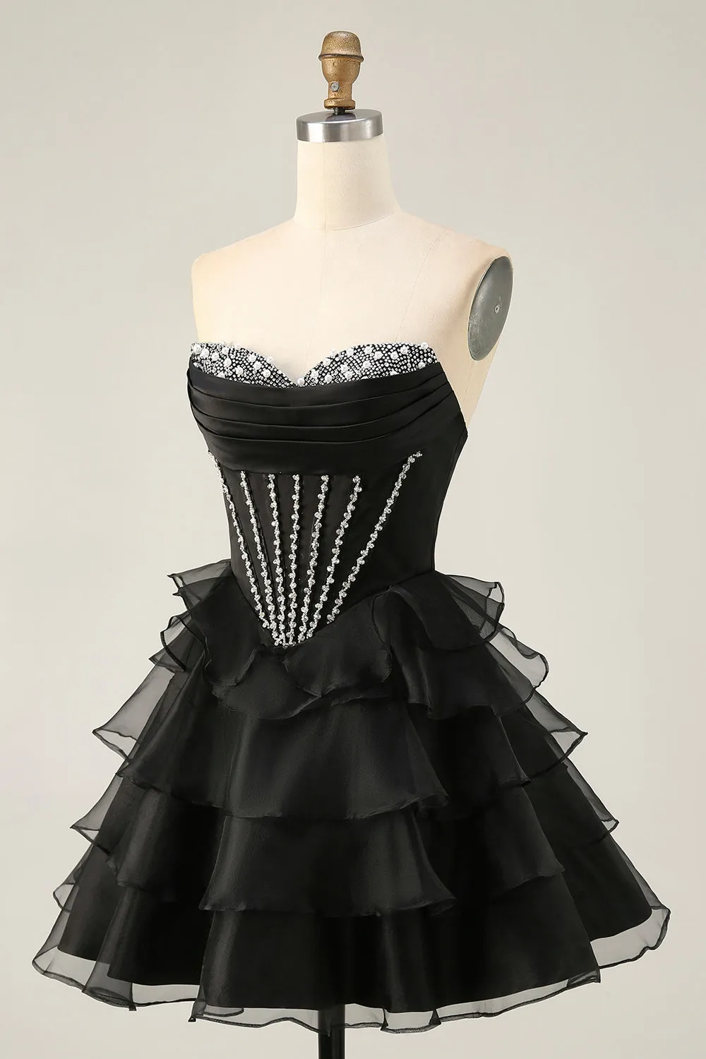 Black Strapless Corset Tiered A Line Short Homecoming Dress with Beading sold by Zapaka product image thumbnail 3