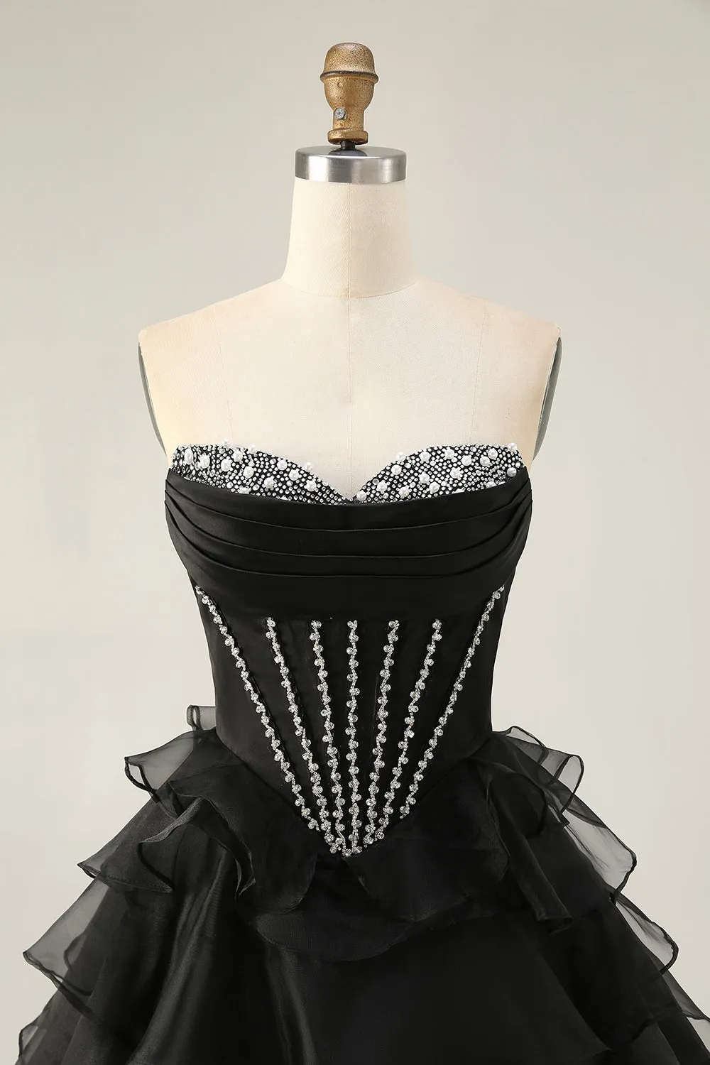 Black Strapless Corset Tiered A Line Short Homecoming Dress with Beading sold by Zapaka product image thumbnail 4