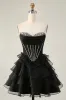 Black Strapless Corset Tiered A Line Short Homecoming Dress with Beading sold by Zapaka