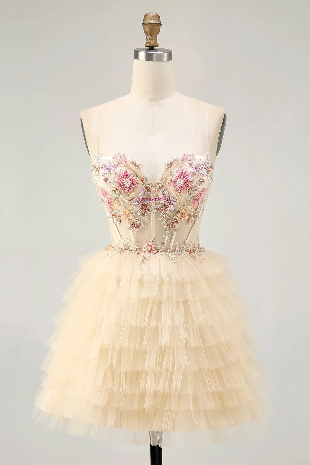 Apricot Spaghetti Straps Corset A Line Ruffled Homecoming Dress sold by Zapaka