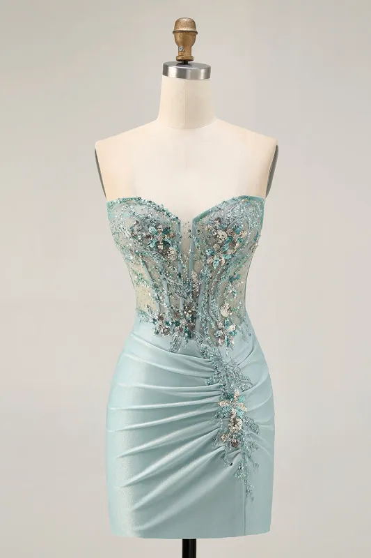 Grey Green Bodycon Strapless Homecoming Dress with Sequins sold by Zapaka