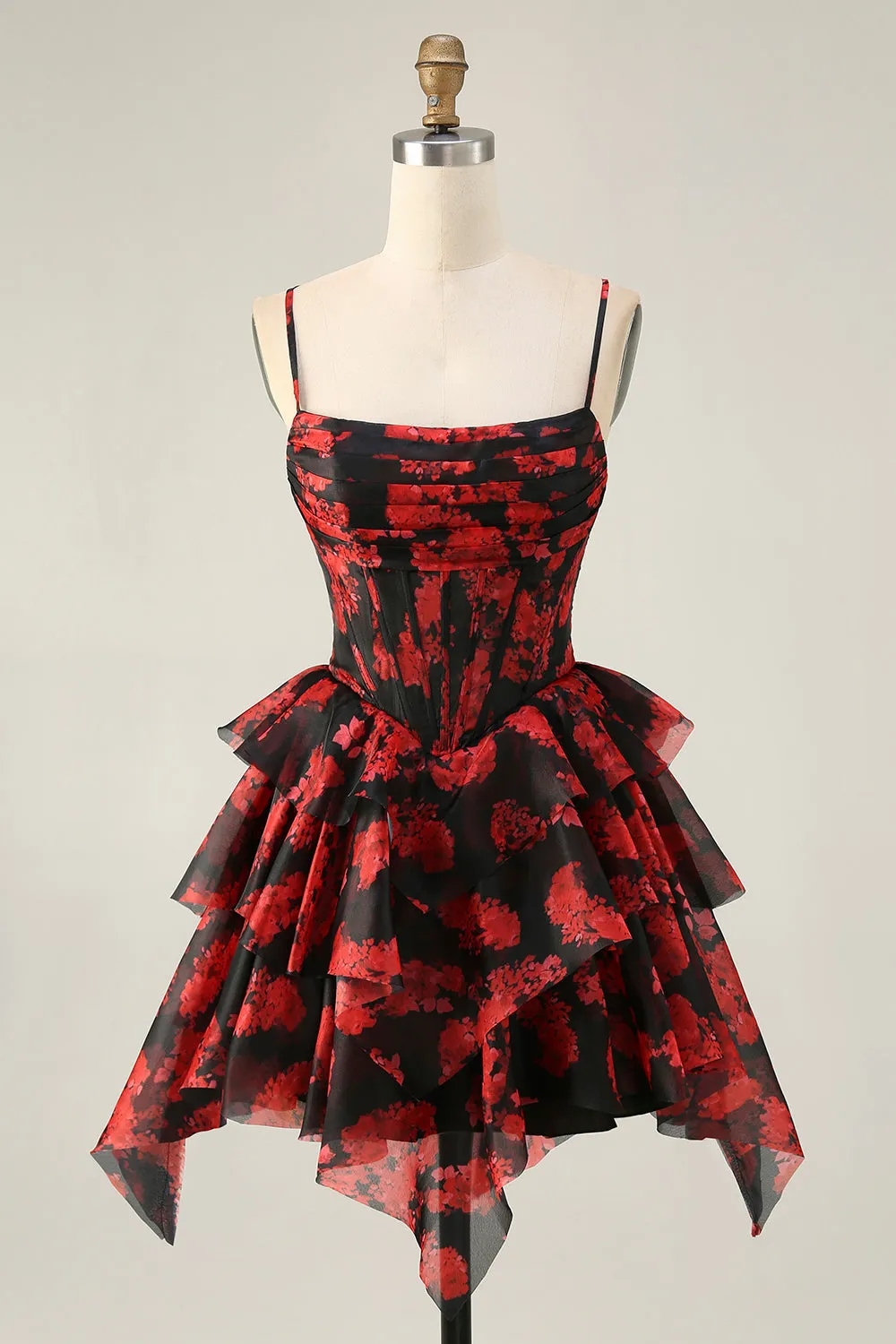 Black Red A Line Cowl Neck Corset Tiered Short Homecoming Dress sold by Zapaka