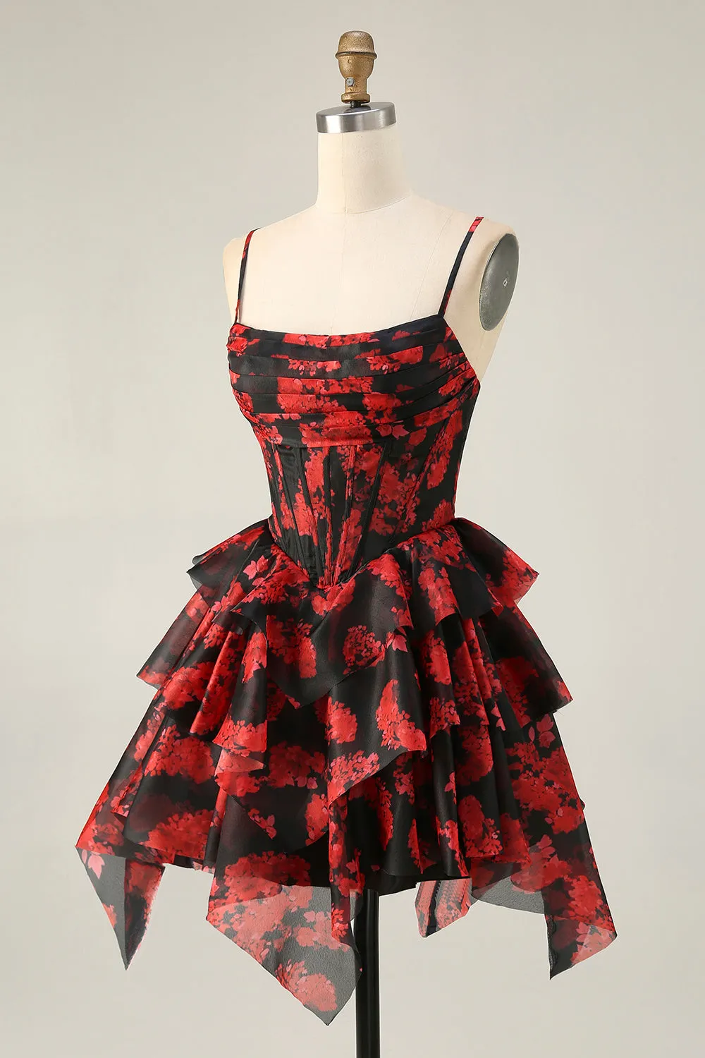 Black Red A Line Cowl Neck Corset Tiered Short Homecoming Dress sold by Zapaka product image thumbnail 3