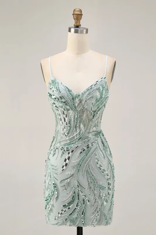Green Beaded Bodycon Homecoming Dress with Lace Up Back sold by Zapaka