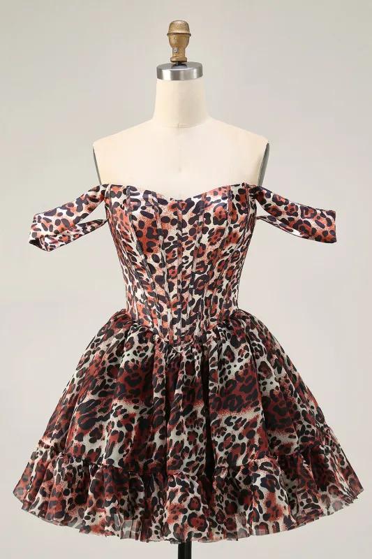 Khaki Leopard Off the Shoulder Corset A Line Mini Homecoming Dress sold by Zapaka