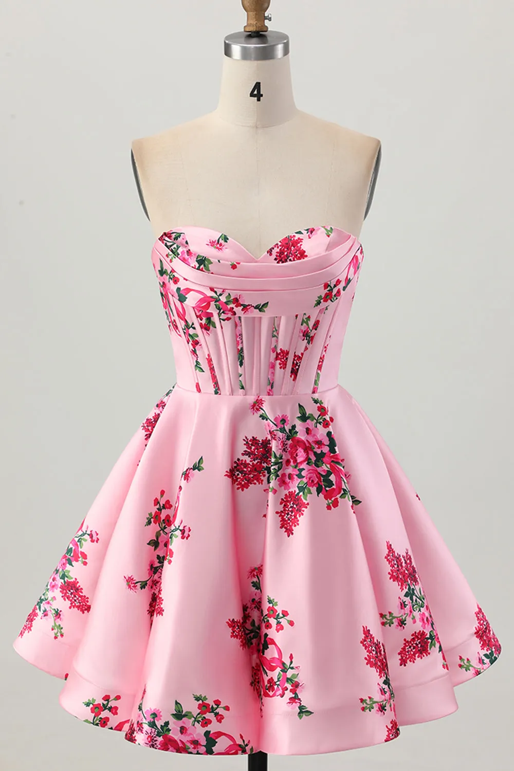 Pink Flower A-Line Sweetheart Satin Corset Homecoming Dress sold by Zapaka