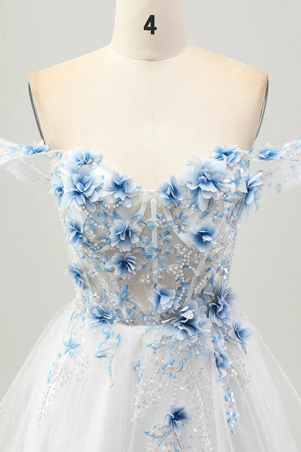 White Blue Flower A-Line Off the Shoulder Corset Short Homecoming Dress sold by Zapaka product image thumbnail 4