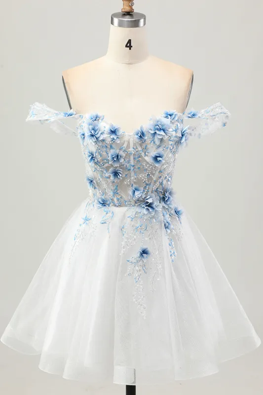 White Blue Flower A-Line Off the Shoulder Corset Short Homecoming Dress sold by Zapaka