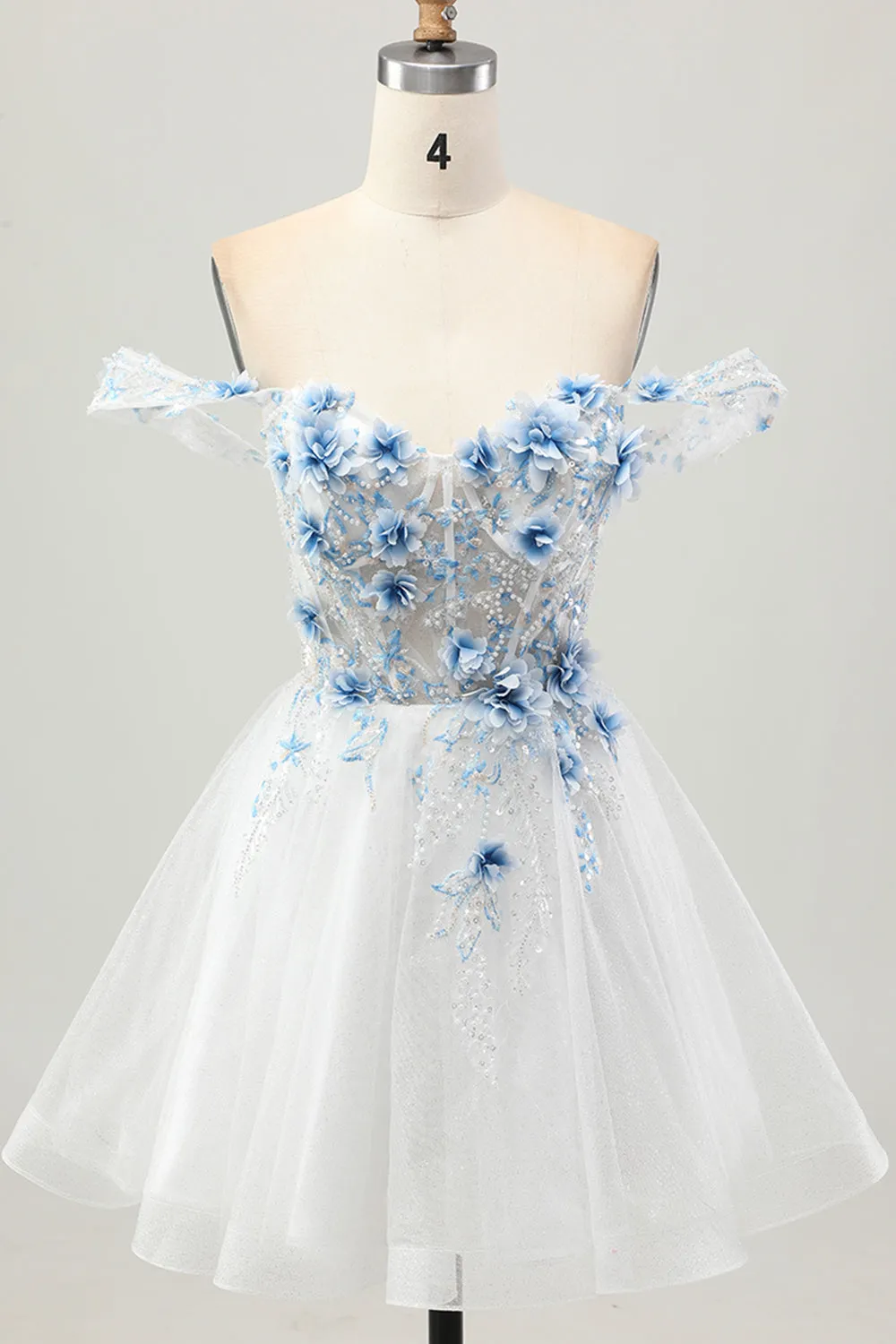 White Blue Flower A-Line Off the Shoulder Corset Short Homecoming Dress sold by Zapaka
