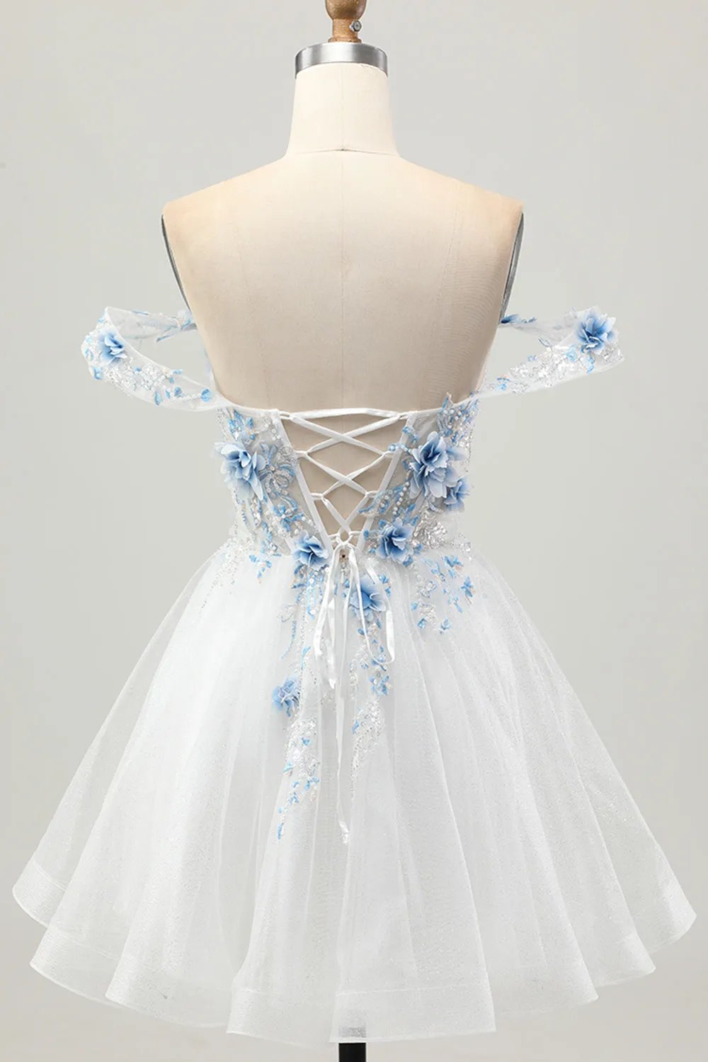 White Blue Flower A-Line Off the Shoulder Corset Short Homecoming Dress sold by Zapaka product image thumbnail 2