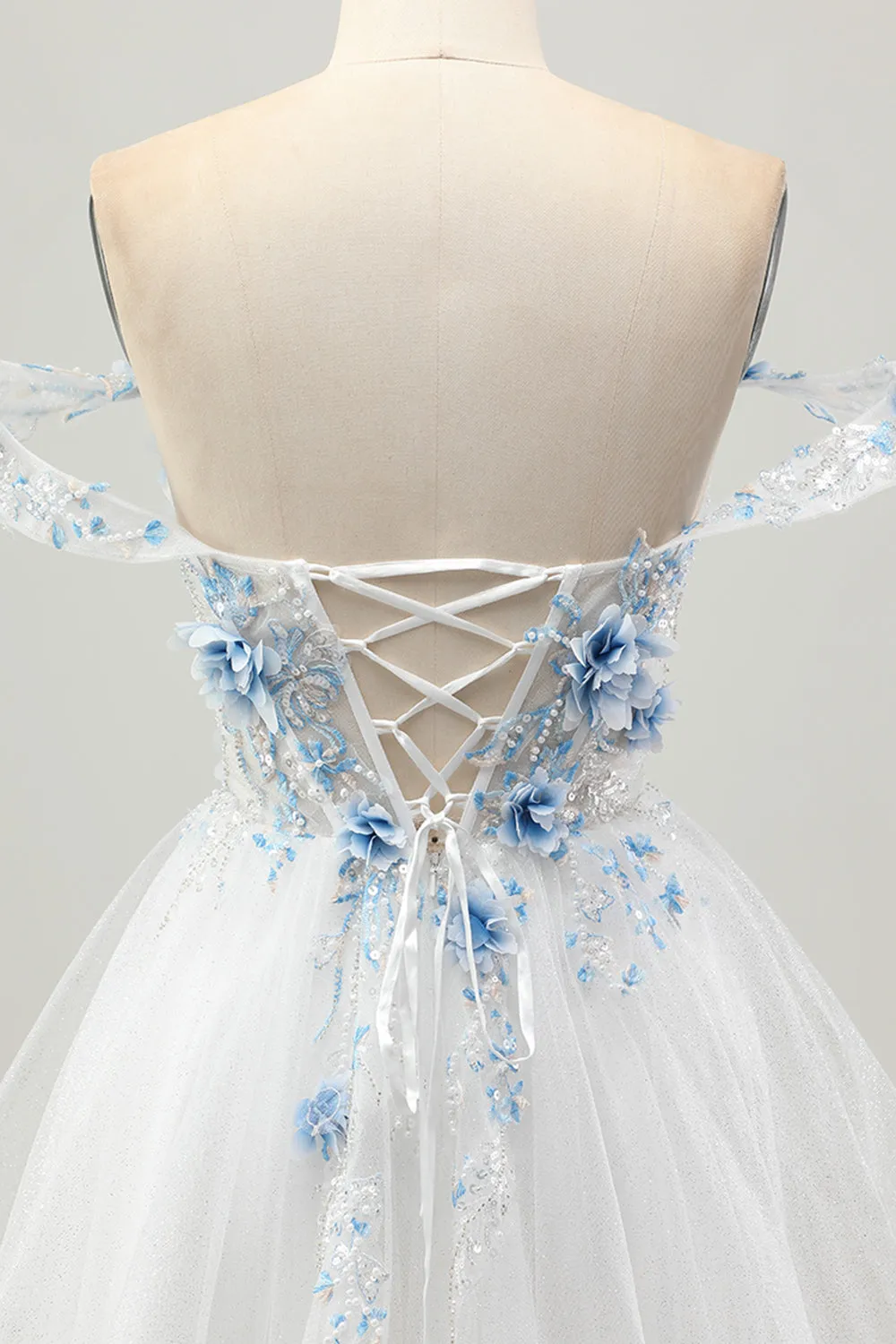 White Blue Flower A-Line Off the Shoulder Corset Short Homecoming Dress sold by Zapaka product image thumbnail 5