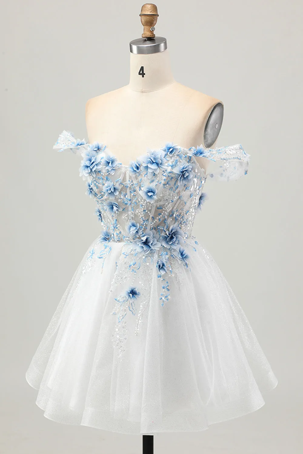 White Blue Flower A-Line Off the Shoulder Corset Short Homecoming Dress sold by Zapaka product image thumbnail 3