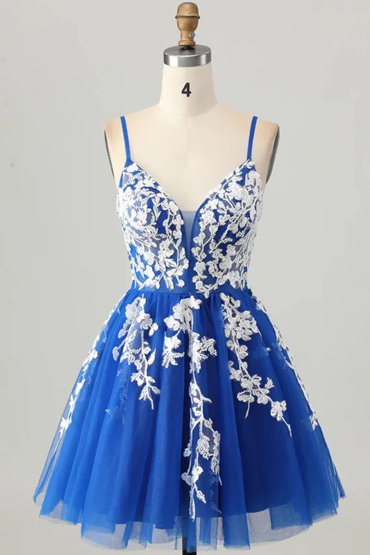 Royal Blue A-Line Spaghetti Straps Tulle Short Homecoming Dress with Lace Up Back sold by Zapaka