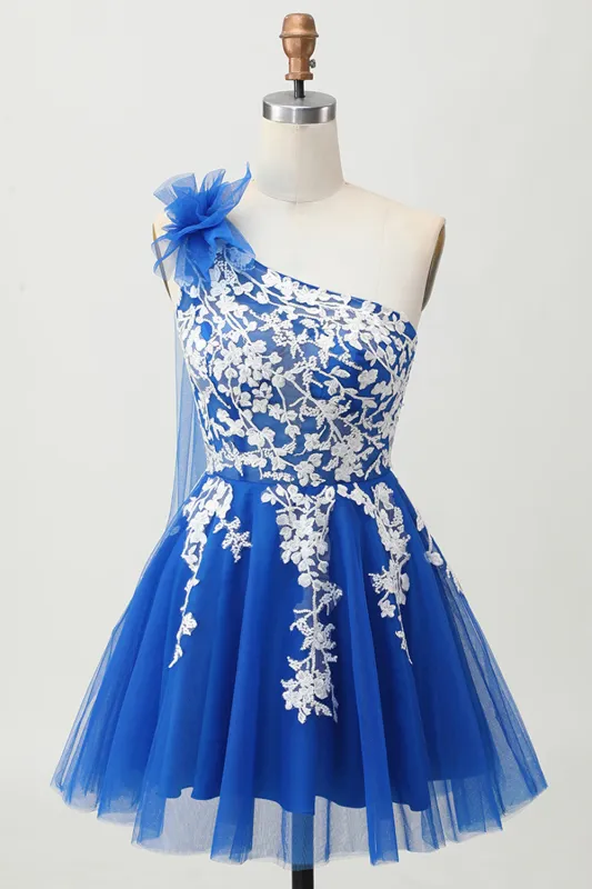 Royal Blue A-Line One Shoulder Tulle Homecoming Dress with Lace Up Back sold by Zapaka