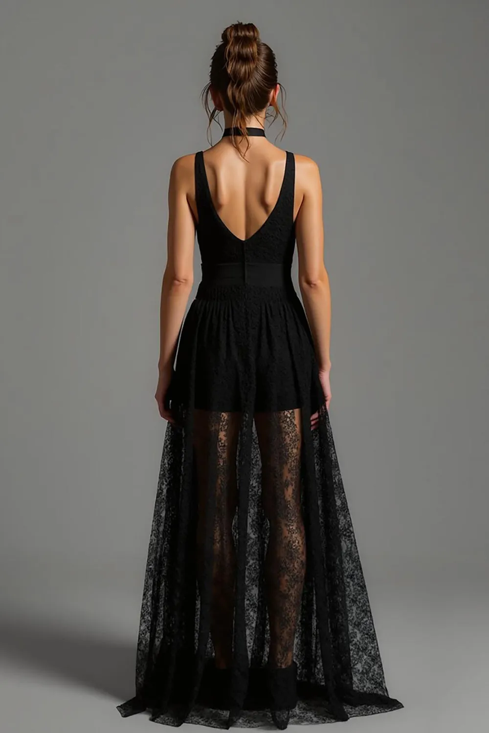 V-Neck Black A-Line Backless Long Formal Dress with Lace sold by Zapaka product image thumbnail 2