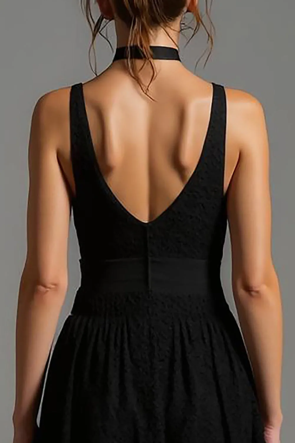 V-Neck Black A-Line Backless Long Formal Dress with Lace sold by Zapaka product image thumbnail 4