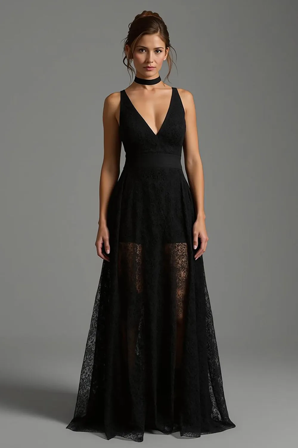 V-Neck Black A-Line Backless Long Formal Dress with Lace sold by Zapaka