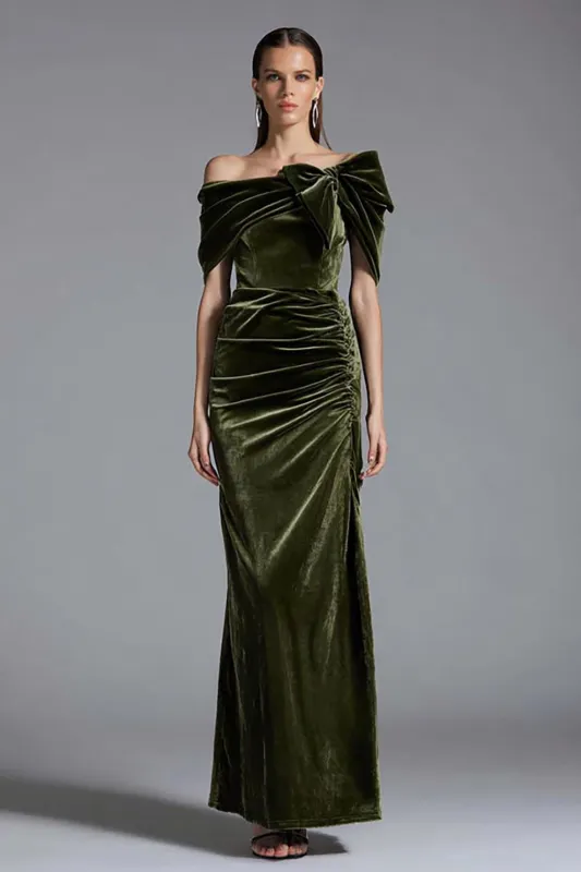 Off the Shoulder Olive Ruched Long Formal Dress with Bow sold by Zapaka