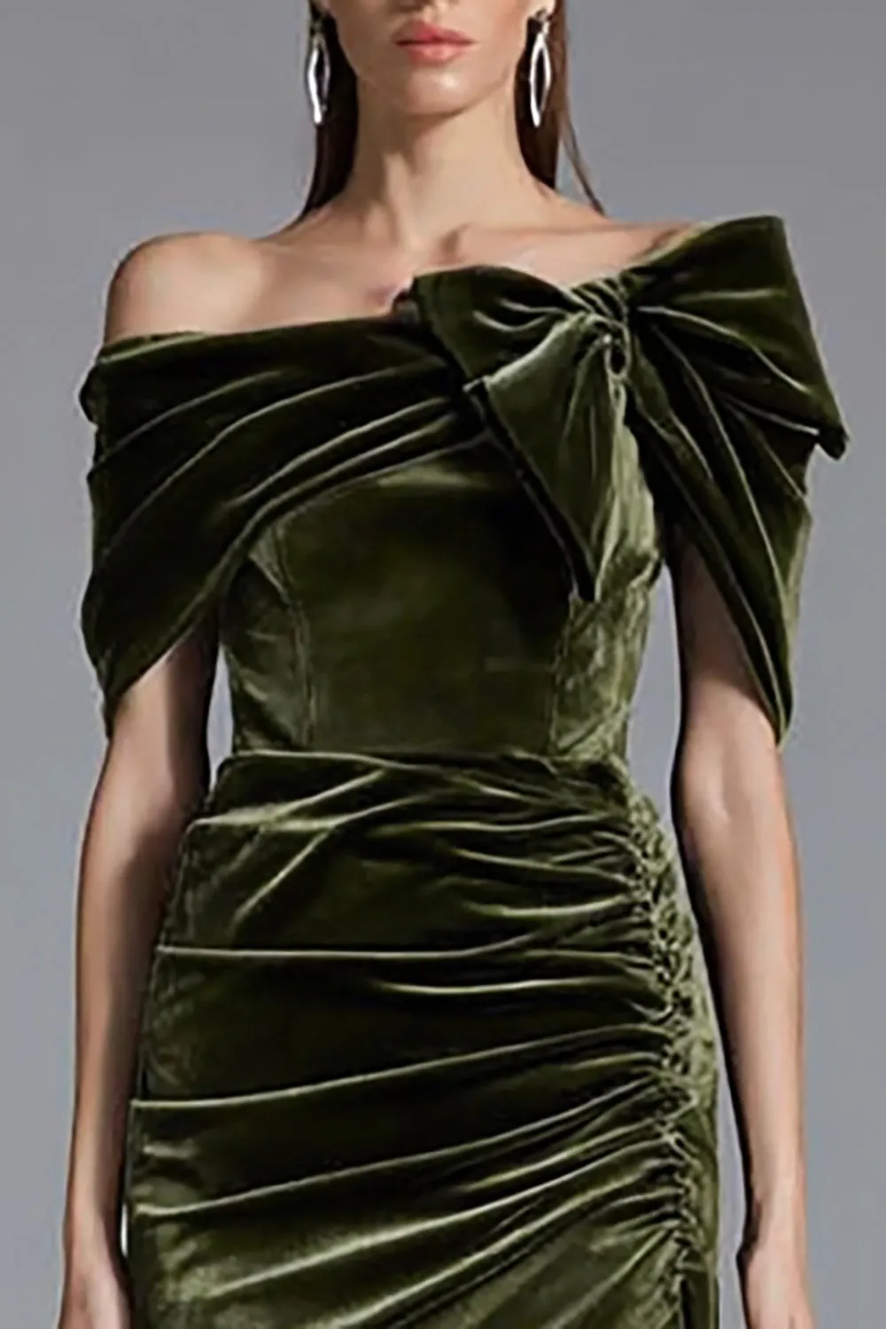 Off the Shoulder Olive Ruched Long Formal Dress with Bow sold by Zapaka product image thumbnail 2
