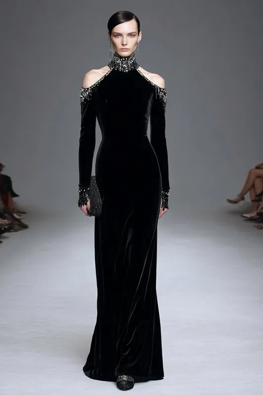 Velvet Black High Neck Long Sleeves Formal Dress sold by Zapaka