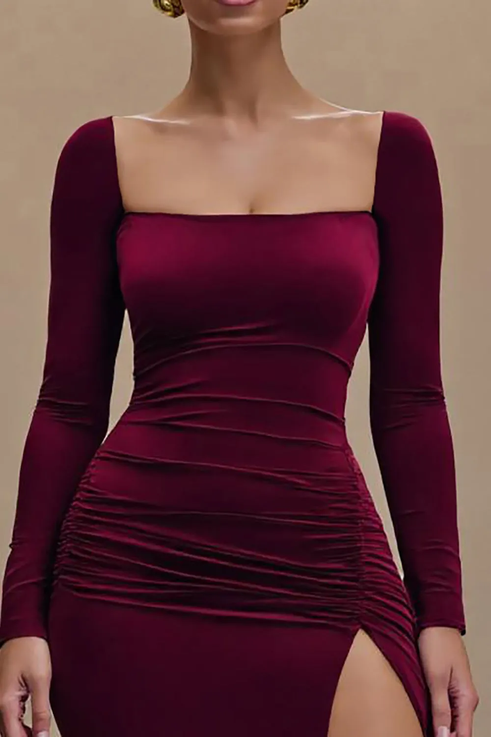 Burgundy Sheath Velvet Long Sleeves Formal Dress with Slit sold by Zapaka product image thumbnail 3