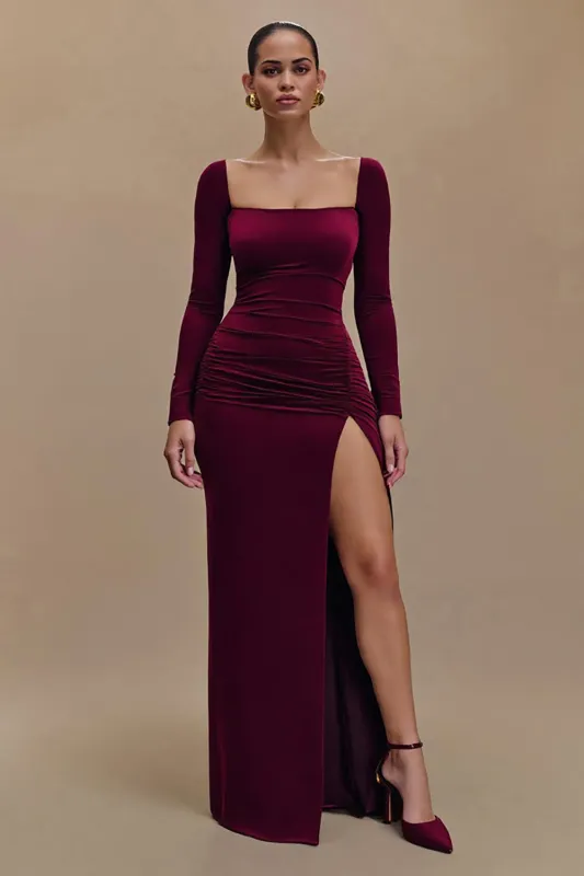 Burgundy Sheath Velvet Long Sleeves Formal Dress with Slit sold by Zapaka