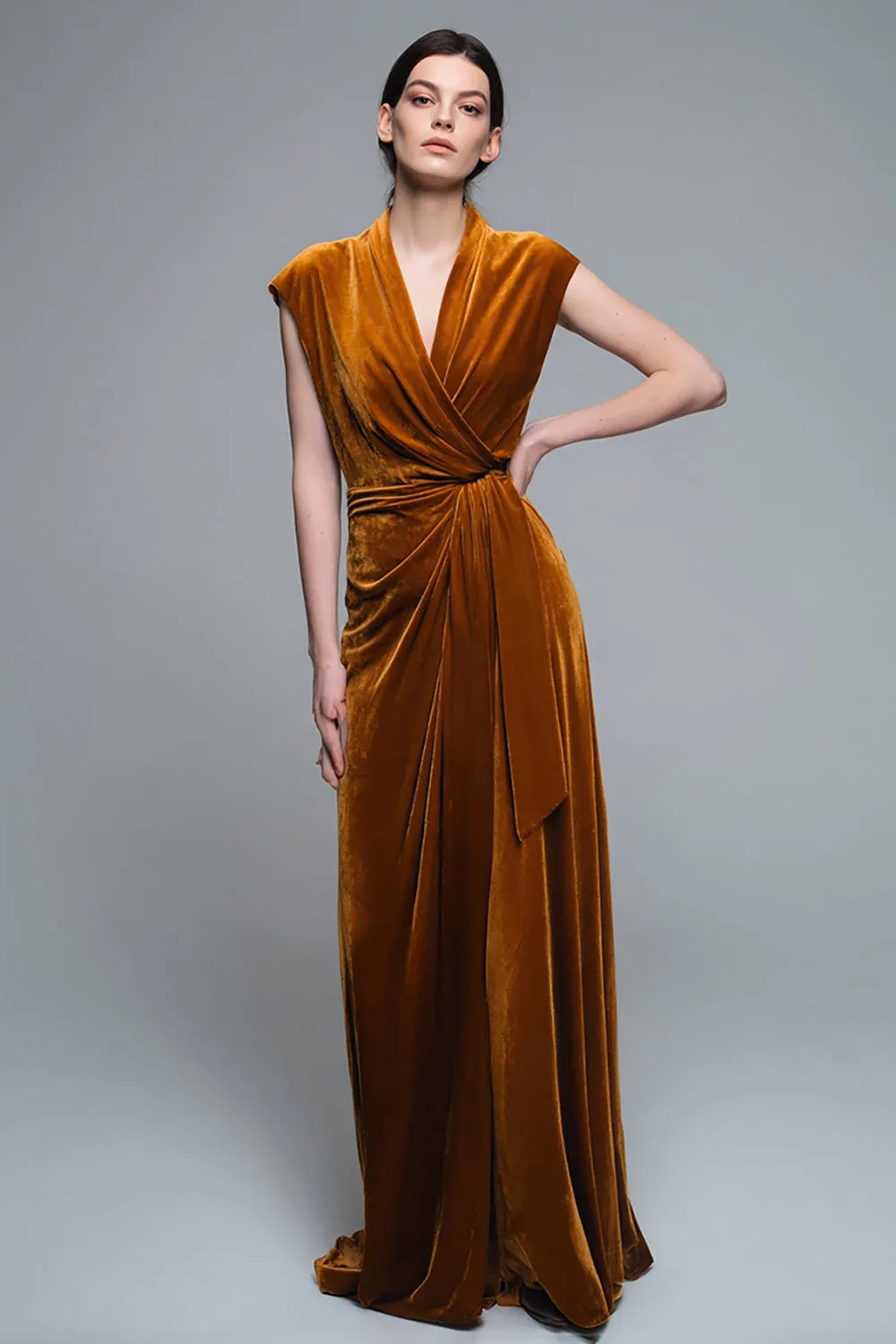 Caramel V-Neck Velvet A-Line Long Formal Dress with Cap Sleeves sold by Zapaka