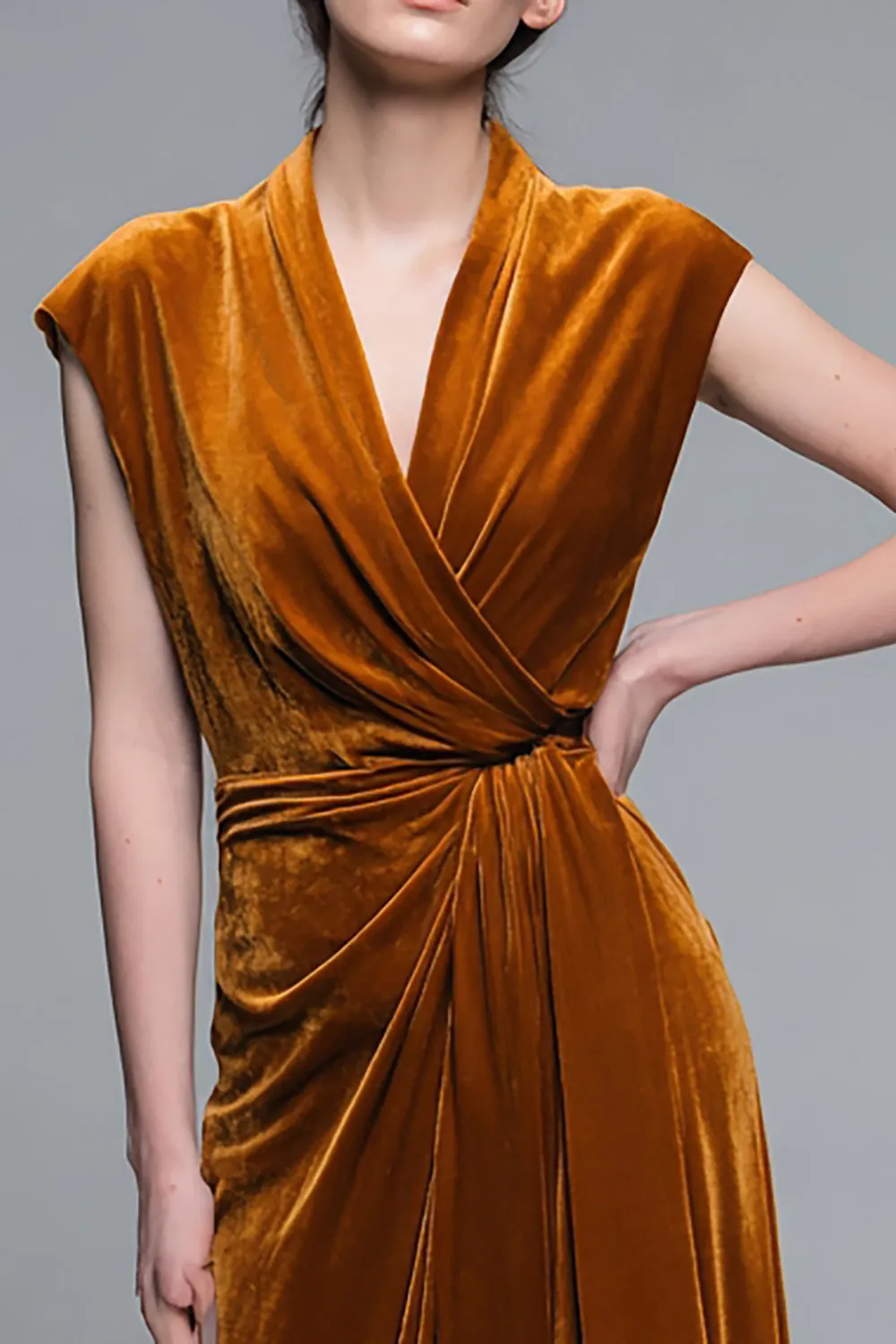 Caramel V-Neck Velvet A-Line Long Formal Dress with Cap Sleeves sold by Zapaka product image thumbnail 2