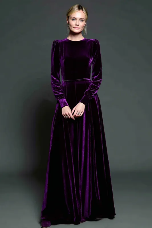 A Line Dark Purple Velvet Formal Dress with Long Sleeves sold by Zapaka