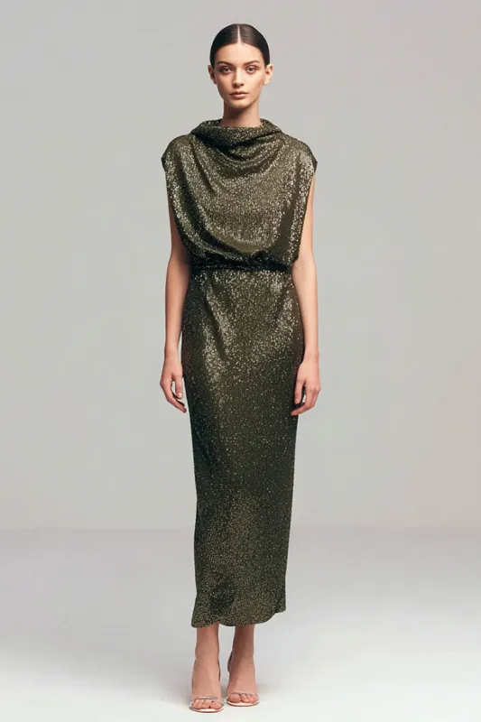 Sparkly Olive Bodycon Ruched Long Formal Dress with Sequins made by Zapaka