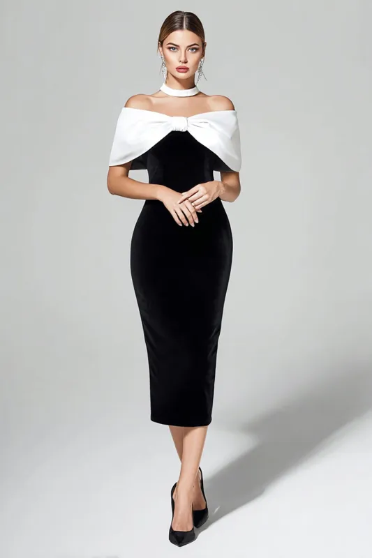 Off The Shoulder Black White Velvet Sheath Midi Formal Dress sold by Zapaka