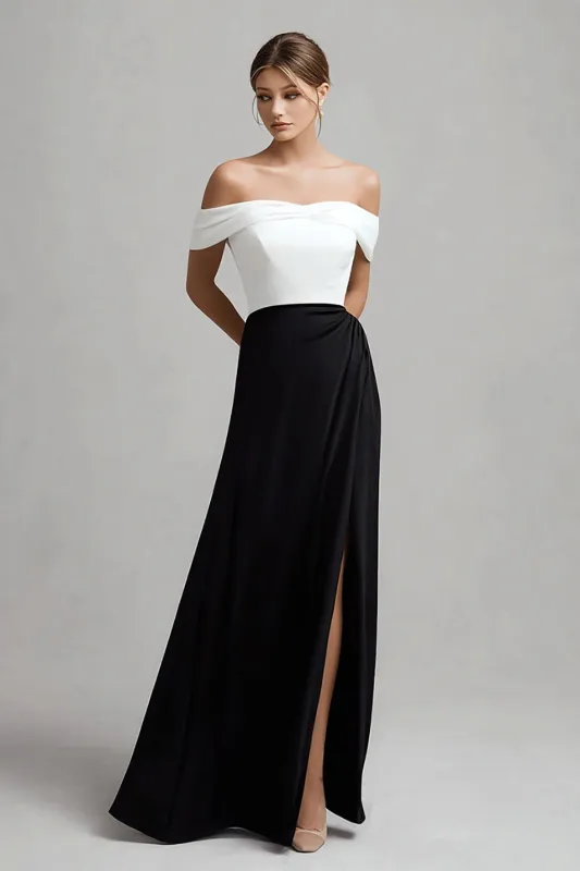 Black White Satin Off the Shoulder Formal Dress with Slit sold by Zapaka