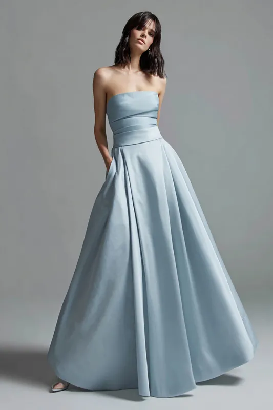 Strapless Sky Blue A Line Satin Formal Dress sold by Zapaka