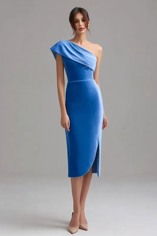 One Shoulder Blue Vlevet Formal Dress with Slit sold by Zapaka