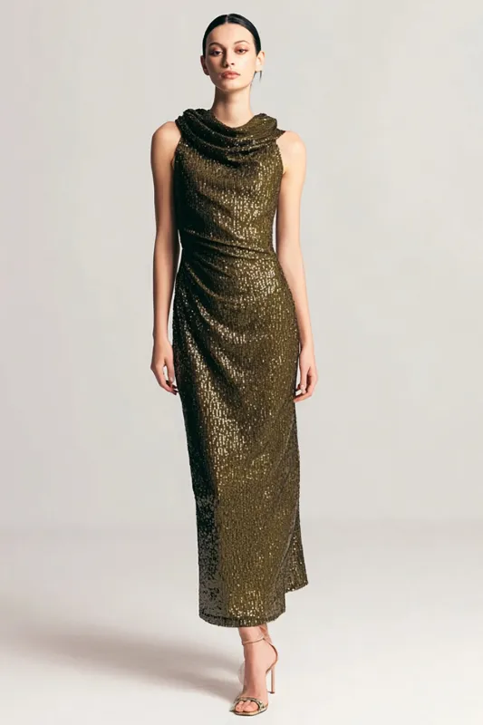 Olive Sequins Cowl Neck Sheath Formal Dress sold by Zapaka