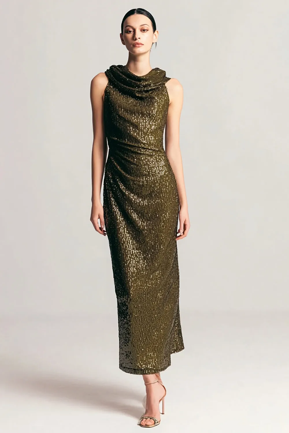 Olive Sequins Cowl Neck Sheath Formal Dress sold by Zapaka