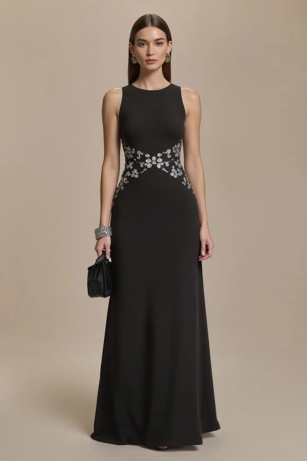 Crepe Bateau Neck Black A Line Formal Dress sold by Zapaka