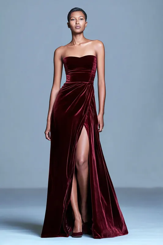 Strapless Burgundy Velvet A Line Formal Dress with Slit sold by Zapaka