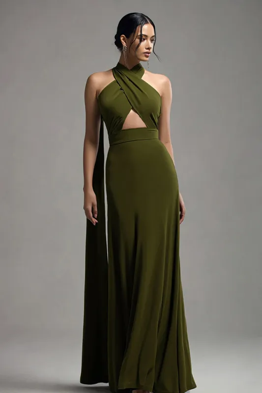 Halter Olive Chiffon A Line Pleated Formal Dress sold by Zapaka