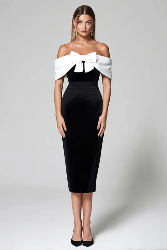 Off the Shoulder Velvet Black White Sheath Formal Dress sold by Zapaka