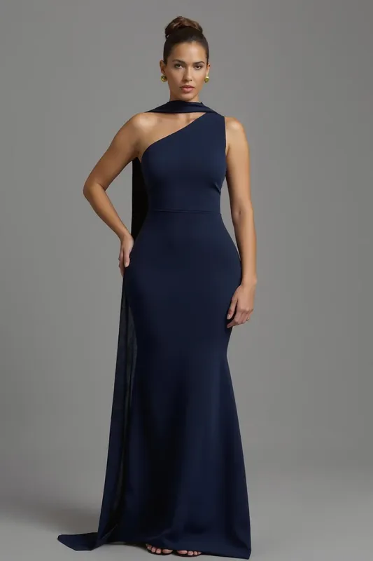 Mermaid Navy Satin Neck Scarf Long Formal Dress sold by Zapaka