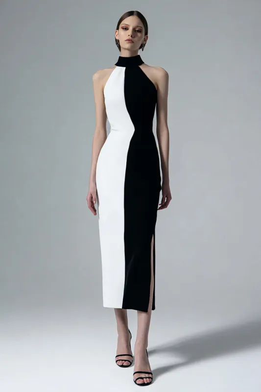 High Neck Black and White Sheath Midi Formal Dress with Slit sold by Zapaka